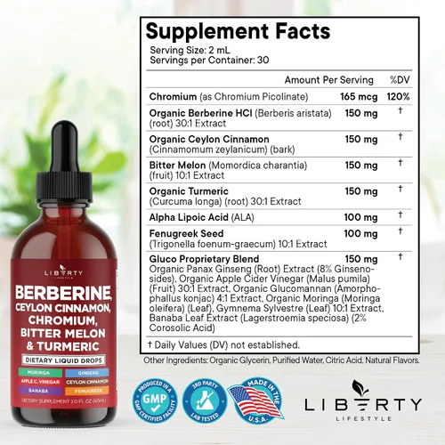 Vista 2 de Berberina con Suplemento de Canela de Ceilán Gotas Líquidas + Extracto de Melón Amargo, Glucomanano, Gymnema, Cromo, Cúrcuma, Panax Ginseng, Moringa