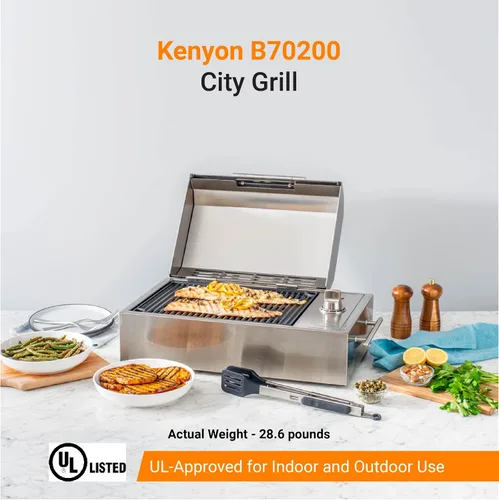 Vista 2 de Kenyon B70200 City Grill, parrilla portátil, acero inoxidable, quemador único, control de perilla, tapa facetada, aprobado por UL