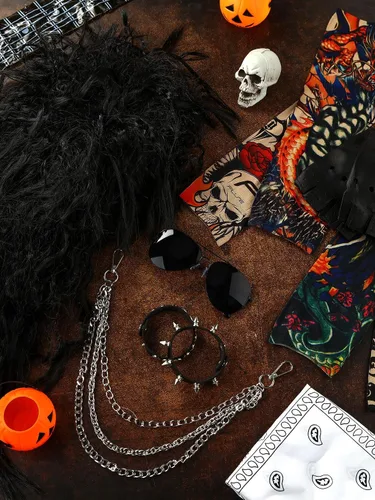 Vista 3 de Disfraz de rockero de los años 80 para hombre, incluye peluca hippie, lentes de sol, cadena de pantalones, pulsera, diadema, manga de tatuaje