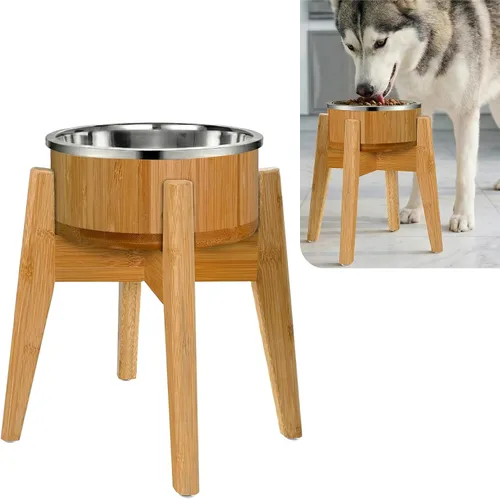 Vista 12 de Cuenco para perros para gatos y perros pequeños, totalmente natural, cuenco de cáscara de coco pulido con soporte de madera, altura total