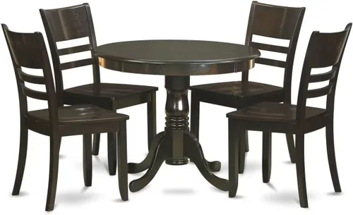 Vista 8 de East West Furniture ANLY5-CAP-LC - Juego de mesa y sillas de cocina de 5 piezas, incluye una mesa de comedor redonda con pedestal y 4 sillas