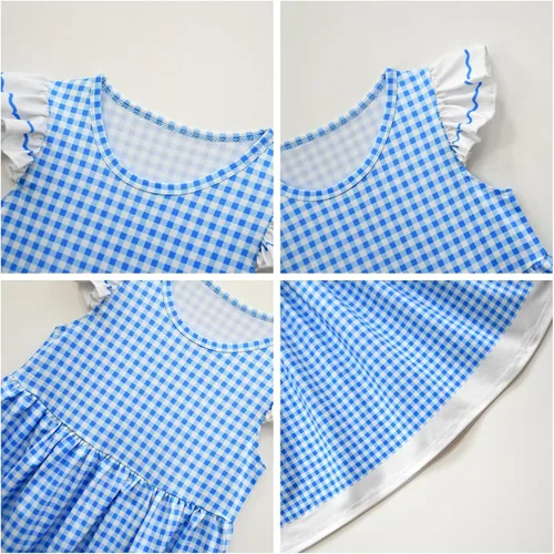 Vista 3 de Vestido Dorrothy para niñas, vestido de manga con vuelo a cuadros azul y blanco