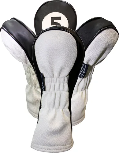 Vista 4 de Fundas de golf vintage de piel sintética en blanco y negro para conductores de 460 cc, Fairway e híbridos por Majek