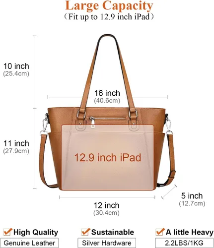 Vista 5 de Over Earth Genuine Leather Women Handbags Ladies Tote Shoulder Bag with Multi Pockets