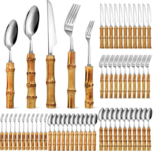Vista 10 de Eboot Juego de cubiertos de bambú 18/8 de acero inoxidable, juego de vajilla natural, juego de utensilios de cocina, cubiertos con mango de bambú