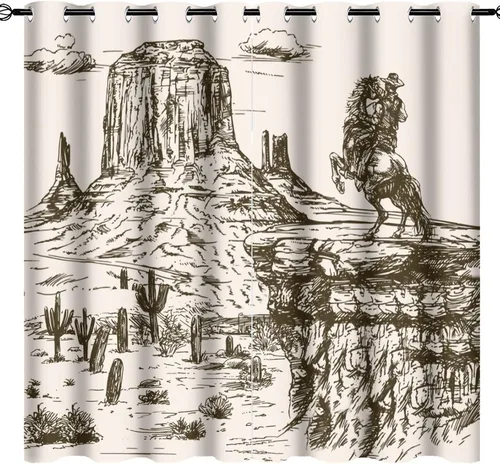 Vista 10 de Cortinas opacas retro de vaquero occidental para dormitorio, estilo rústico, cactus, salvaje oeste, vaquero, paseo, caballo, con ojales, aislamiento