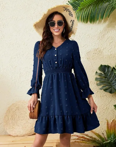 Vista 6 de Daisyaner Women's Dresses Summer Casual Dress Long Sleeve V Neck Swiss Dot Dress Smocked Short Beach Dresses