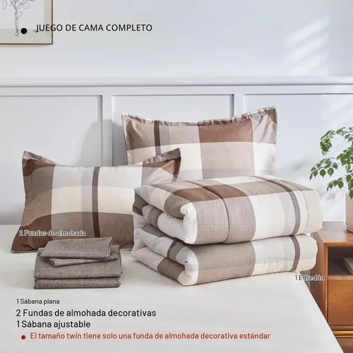Vista 7 de AIKASY - Juego de 7 piezas de edredón reversible de microfibra suave para todas las estaciones, diseño de cuadros marrones, tamaño Queen
