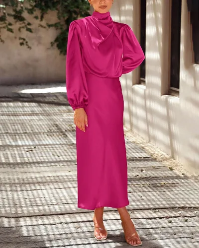 Vista 6 de BTFBM Vestido de satén con cuello alto falso para mujer, elegante, manga larga, cintura alta, formal, para boda, cóctel, fiesta, maxi vestidos