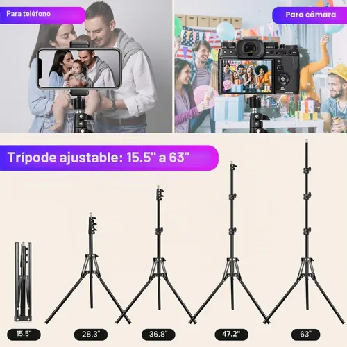 Vista 5 de Anillo de luz de 10.3 pulgadas con trípode y soporte para iPad para teléfono, anillo de luz para selfie con 51 modos de color, iluminación circular