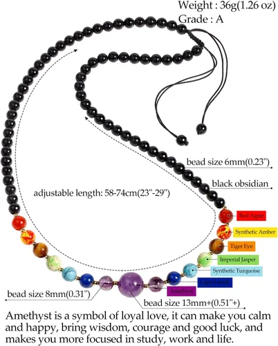 Vista 2 de Jewever Collares de cristal de amatista de 7 chakras para mujer, cadenas de obsidiana negra, cristales curativos y piedras preciosas, meditación