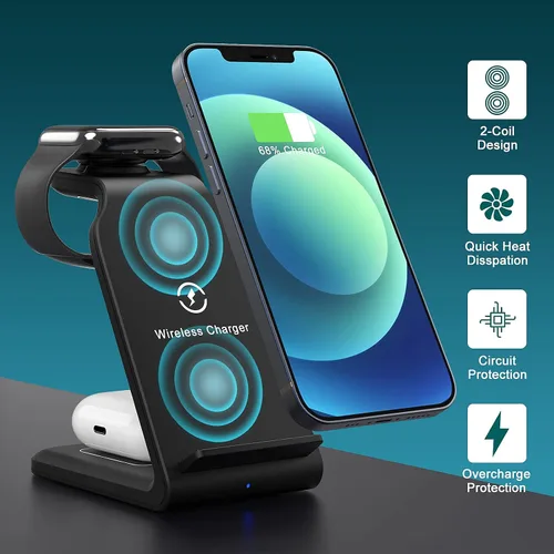 Vista 3 de Wireless Charging Station,Popveen 3in1 Wireless Charger Stand with Adapter 15W Fast Wireless Charging for Apple iWatch Series SE/6/5/4/3/2/1,AirPods