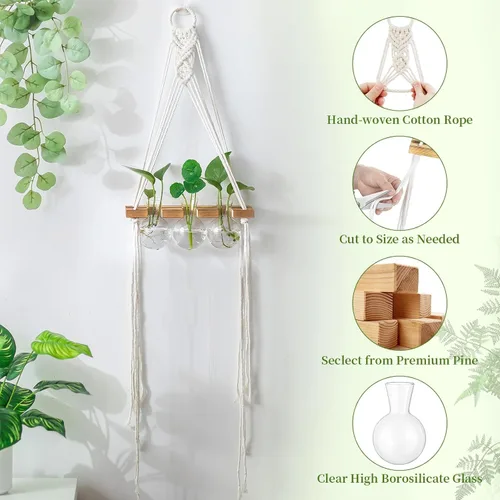 Vista 4 de Glasseam Estaciones de propagación de macramé colgantes: jarrones de propagación de vidrio para ventanas de pared para plantas hidropónicas