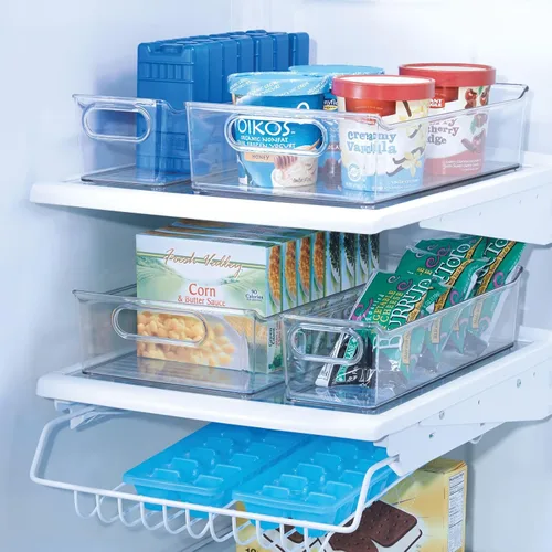 Vista 7 de mDesign Contenedores de almacenamiento de plástico para cocina o despensa con asas, organización en gabinete, refrigerador o congelador, contenedor