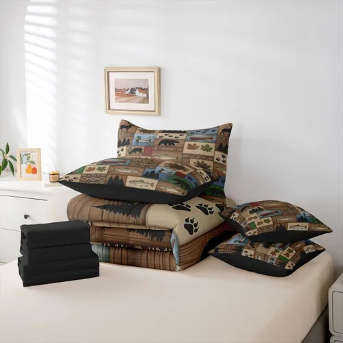Vista 102 de Feelyou Juego de edredón de ciervo con sábanas – Tamaño Queen 7 piezas Juego de ropa de cama infantil de caza rústica – Cama de ciervo de cabaña