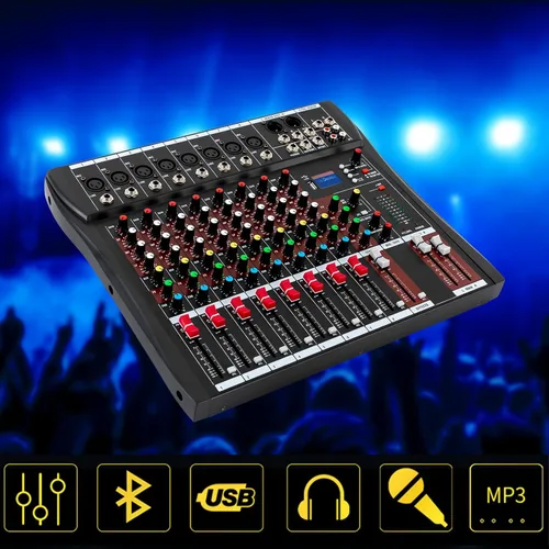 Vista 2 de Consola de mezcla profesional de 8 canales Mezclador de audio Bluetooth Digital USB MP3 Entrada 48V Phantom Power Estéreo DJ Studio Audio Mezclador