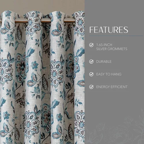 Vista 3 de Elrene Home Fashions Sorrento - Cortina de ventana con diseño floral jacobeo para oscurecer la habitación, 52 x 95 pulgadas, azul/gris pardo
