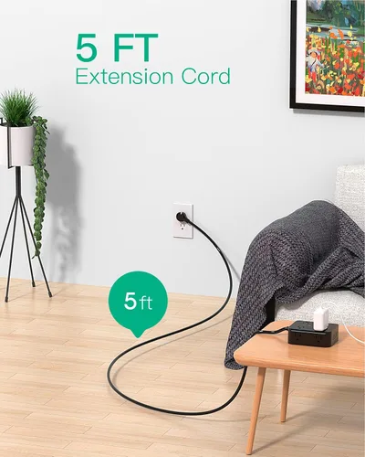 Vista 7 de Regleta protectora contra sobretensiones, enchufe plano, montaje en pared, 8 tomas anchas con 4 puertos USB (2 USB C), cable de extensión resistente