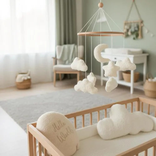 Vista 3 de Cloud Crib Mobile Baby Mobile para cuna Neutral Boho Luna y Nubes Móvil Neutral Guardería Decoración Boucle Mobile Blanco