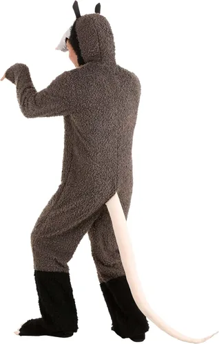 Vista 2 de Disfraz de Halloween de zarigüeya surly para adultos, overol peludo, capucha, cola, traje de fiesta temática de animales para hombres y mujeres