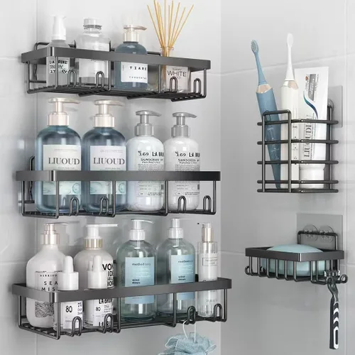 Vista 21 de Liuoud Shower Caddy 5 Pack XL-Size Adhesive Stainless Steel Organizer XL Capacity, With Strong Adhesive, Rustproof, No Drilling Wall Mount Shelvs