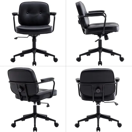 Vista 10 de LukeAlon Silla de escritorio ajustable de piel sintética, silla giratoria de 360° negra con reposabrazos, asiento grueso, botones y ruedas