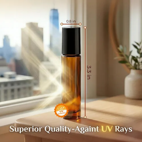 Vista 2 de PrettyCare 4 Pack 10ml Amber Glass Essential Oil Roller Bottles - Roller Ball Applicator, Leakproof Roll on Bottles, Travel Size Containers, Empty