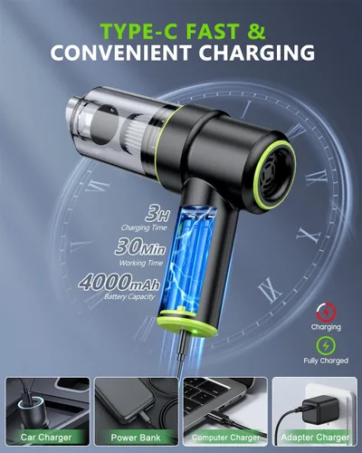 Vista 4 de CODN Aspiradora de Mano para Coche Portátil Inalámbrica 12000PA, Aspiradora de Mano 2 en 1 y Eliminador de Polvo con Múltiples Boquillas y Luz LED