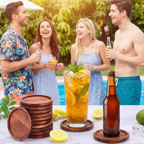Vista 6 de Gejoy - Juego de 20 posavasos de madera de acacia para bebidas de 5 Posavasos de madera apilables naturales a granel para protección de mesa