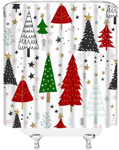 Vista 19 de GCTNBJL Cortina de ducha navideña para RV, diseño de árbol de pino, copo de nieve, estrella, bosque, vacaciones de invierno, naturaleza rústica