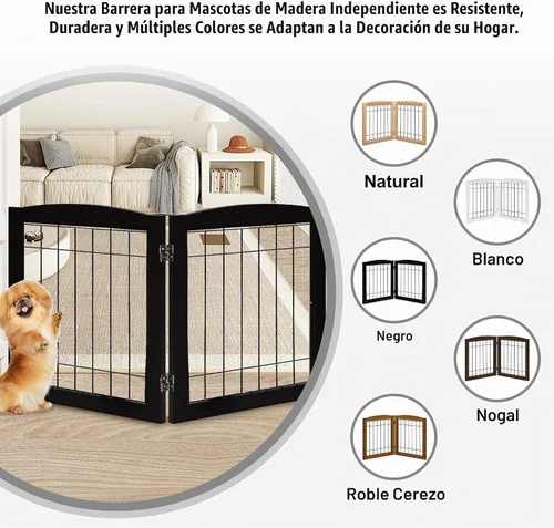 Vista 4 de LZRS Puerta plegable independiente de madera para perros de 2 paneles, madera maciza y alambre de acero, barrera para mascotas resistente a las Negro
