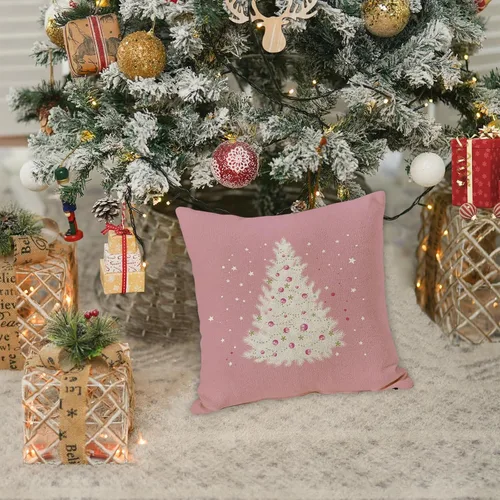 Vista 6 de GOOESING Fundas de almohada de Navidad de 18 x 18 pulgadas, color rosa con árbol de Navidad, funda de cojín para sofá, decoración del hogar