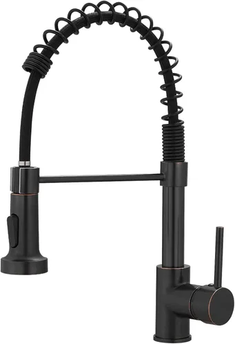 Vista 15 de AIMADI Grifo de cocina negro mate, grifo de cocina negro y dorado con rociador desplegable, grifos de fregadero comerciales de resorte con una sola