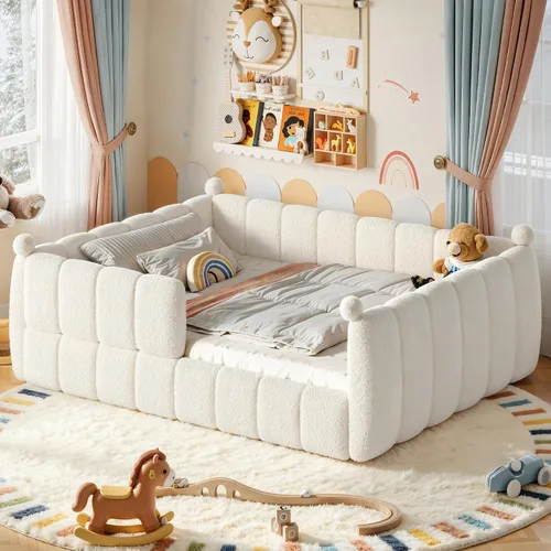 Vista 19 de Bellemave Cama Montessori tapizada de vellón de peluche de tamaño matrimonial con valla, marco de cama infantil de perfil bajo con barandillas