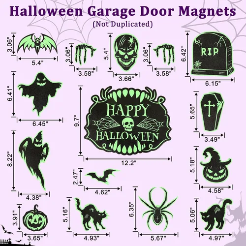 Vista 4 de 90shine Imanes de decoración de puerta de garaje de Halloween: murciélagos magnéticos que brillan en la oscuridad, lápida, fantasma, calabaza, feliz