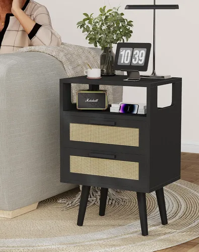Vista 5 de YMYNY Mesita de noche con 2 cajones, mesa auxiliar bohemia, ratán decorado a mano, estante abierto con diseño arqueado, patas de madera maciza, Negro