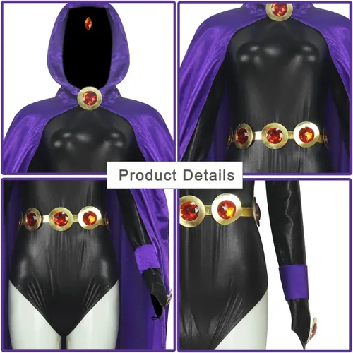 Vista 4 de PAINEOMN Disfraz de Halloween para mujer, overol negro con capa morada con capucha, conjunto completo para trajes de disfraces