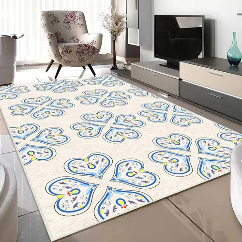 Vista 3 de Alfombra de enrejado floral para sala de estar, 3 pies 3 pulgadas x 5 pies 3 pulgadas, crema/azul moderna alfombra de flores que no se desprende