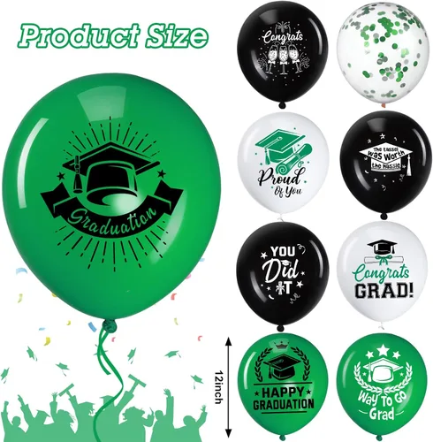 Vista 2 de Honoson 72 globos de fiesta de graduación, color verde y negro, decoración de graduación de 2026, globos de látex de felicitaciones, suministros