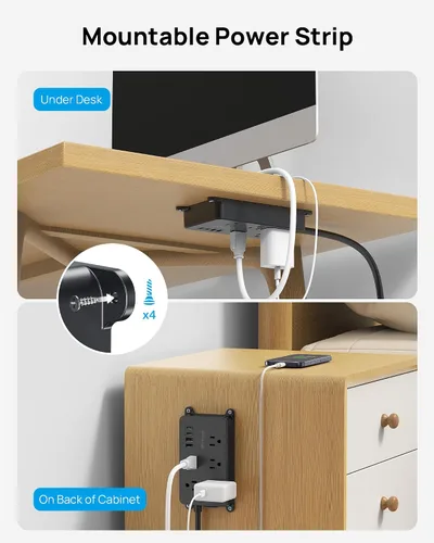 Vista 4 de TROND Regleta protectora contra sobretensiones, cable de extensión de 3 pies de enchufe plano, 5 tomas de corriente ampliamente espaciadas con 2 USB