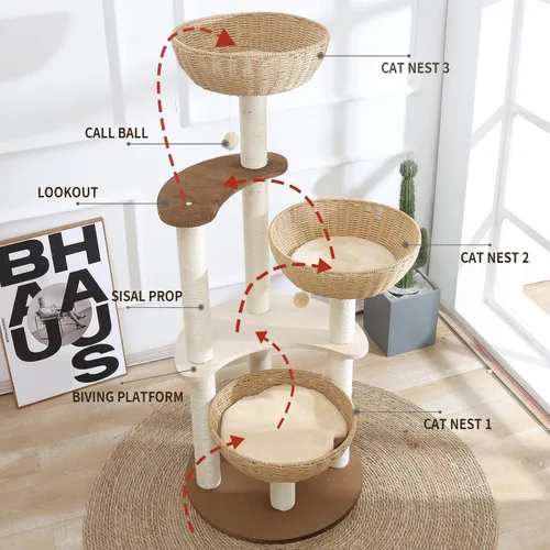 Vista 3 de Torre de árbol moderna para gatos de 52 pulgadas para gatos grandes, 3 nidos para gatos tejidos a mano, multinivel, enormes Paws Pals árbol