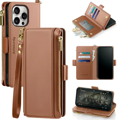 Vista 23 de Antsturdy Compatible con iPhone 15 Pro Max Funda Cartera para Mujeres【Bloqueo RFID】Funda de Teléfono Cruzada de Cuero PU con Cremallera y Correa