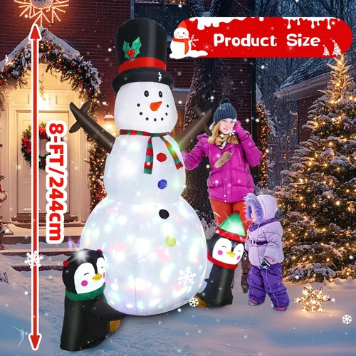 Vista 5 de Dawdix Muñeco de nieve inflable de Navidad de 8 pies, muñeco de nieve de Navidad para inflar con pingüinos, luces LED coloridas giratorias