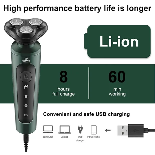 Vista 6 de Maquinilla de afeitar eléctrica 9D para hombre, recortadora de barba con 3 cabezales flotantes, afeitadora totalmente lavable, recargable