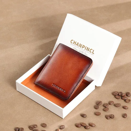 Vista 5 de Cartera de cuero con cremallera para hombre, con bloqueo RFID, mini billetera portátil con múltiples ranuras para tarjetas para billetes, marrón