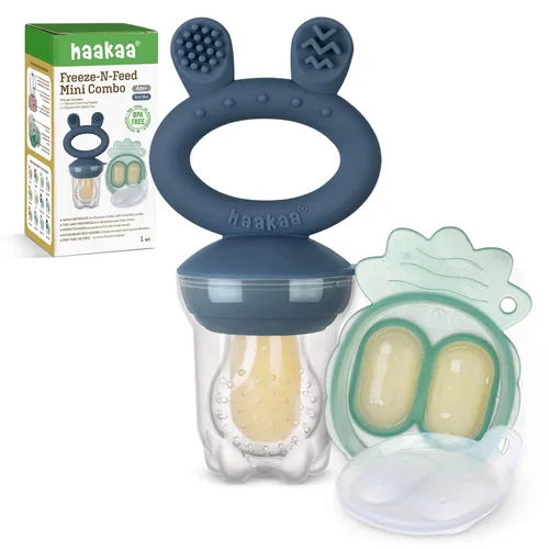 Vista 15 de haakaa Comedor de alimentos de frutas para bebé y mini bandeja de picar con congelador, moldes de piruleta de leche materna para alivio de Azul