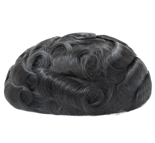 Vista 8 de Natural Mens sistema de reemplazo de cabello humano real caballeros humano negro hairpieces piel fina polivinílica V Looped Mens Toupee Unit #1B