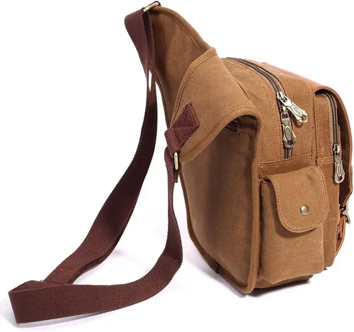 Vista 8 de Bolso de mensajero de lona vintage para hombre, bolso de mensajero de retazos de cuero en el pecho