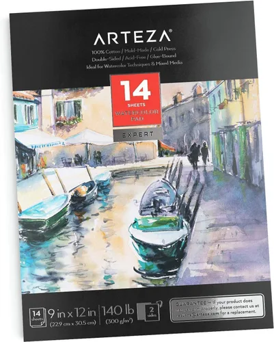 Vista 7 de ARTEZA Papel de acuarela, 14 hojas, papel de color de agua de 9 x 12 pulgadas, 140 lb/300 gsm, 100% algodón, prensa en frío, papel de arte sin ácido
