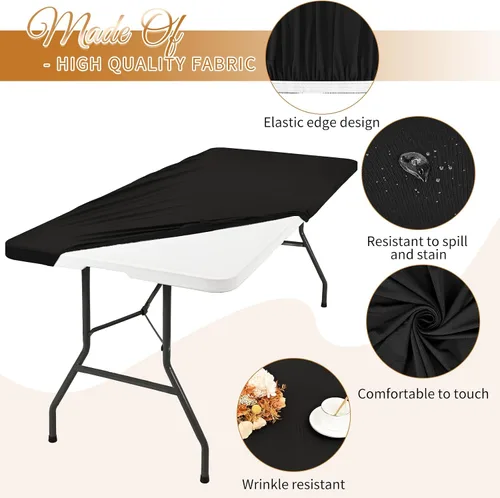 Vista 3 de Paquete de 12 fundas de tela elástica para mesas de 6 pies, fundas de mesa de elastano negro, protector universal rectangular para interiores